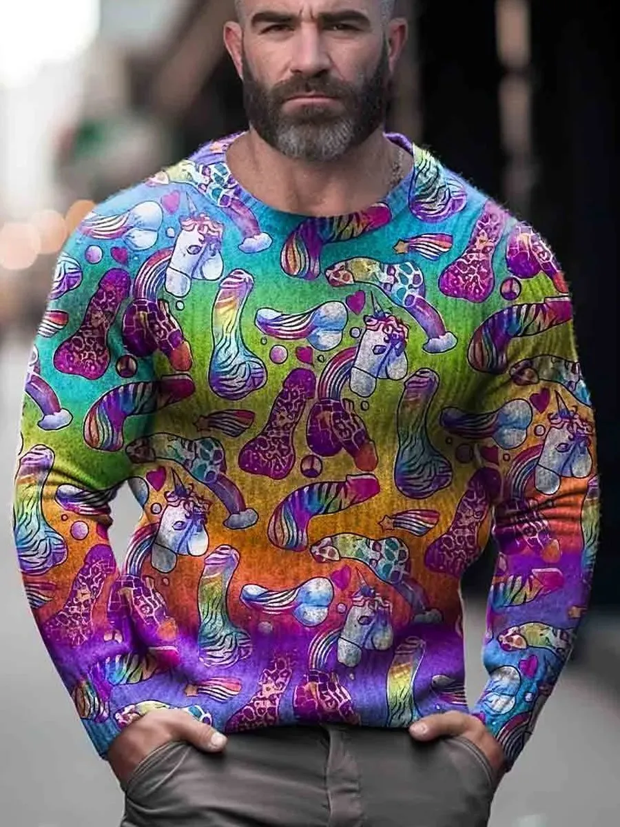 Rainbow Dick Lgbt Print Knit Pullover Sweater