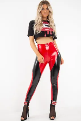 Red Black Colour Block Shiny Vinyl Leggings - Nelly