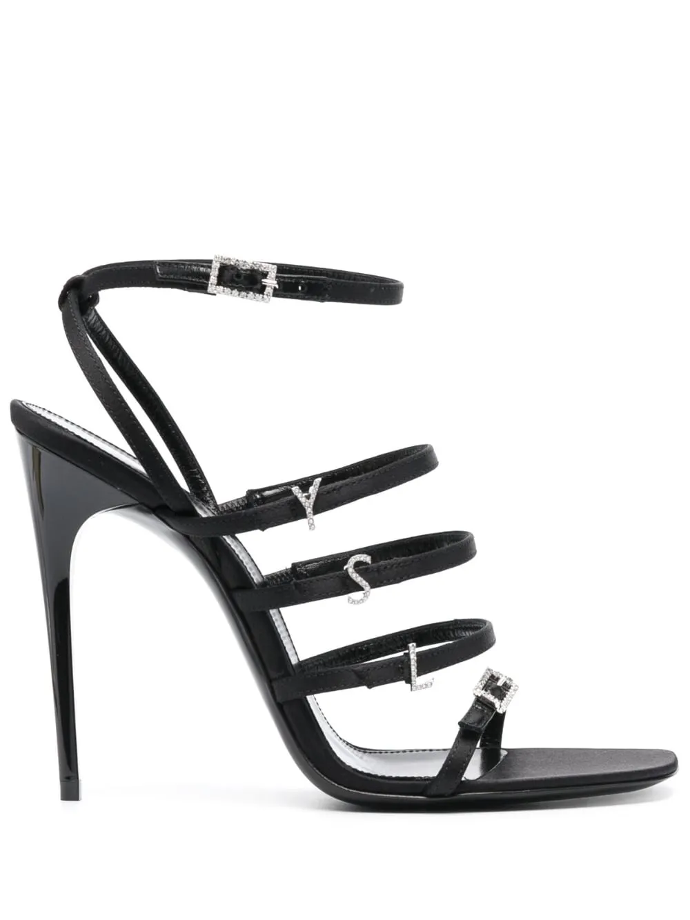 SAINT LAURENT Stunning Black Satin Sandals with Rhinestone Straps and Stiletto Heel for Women