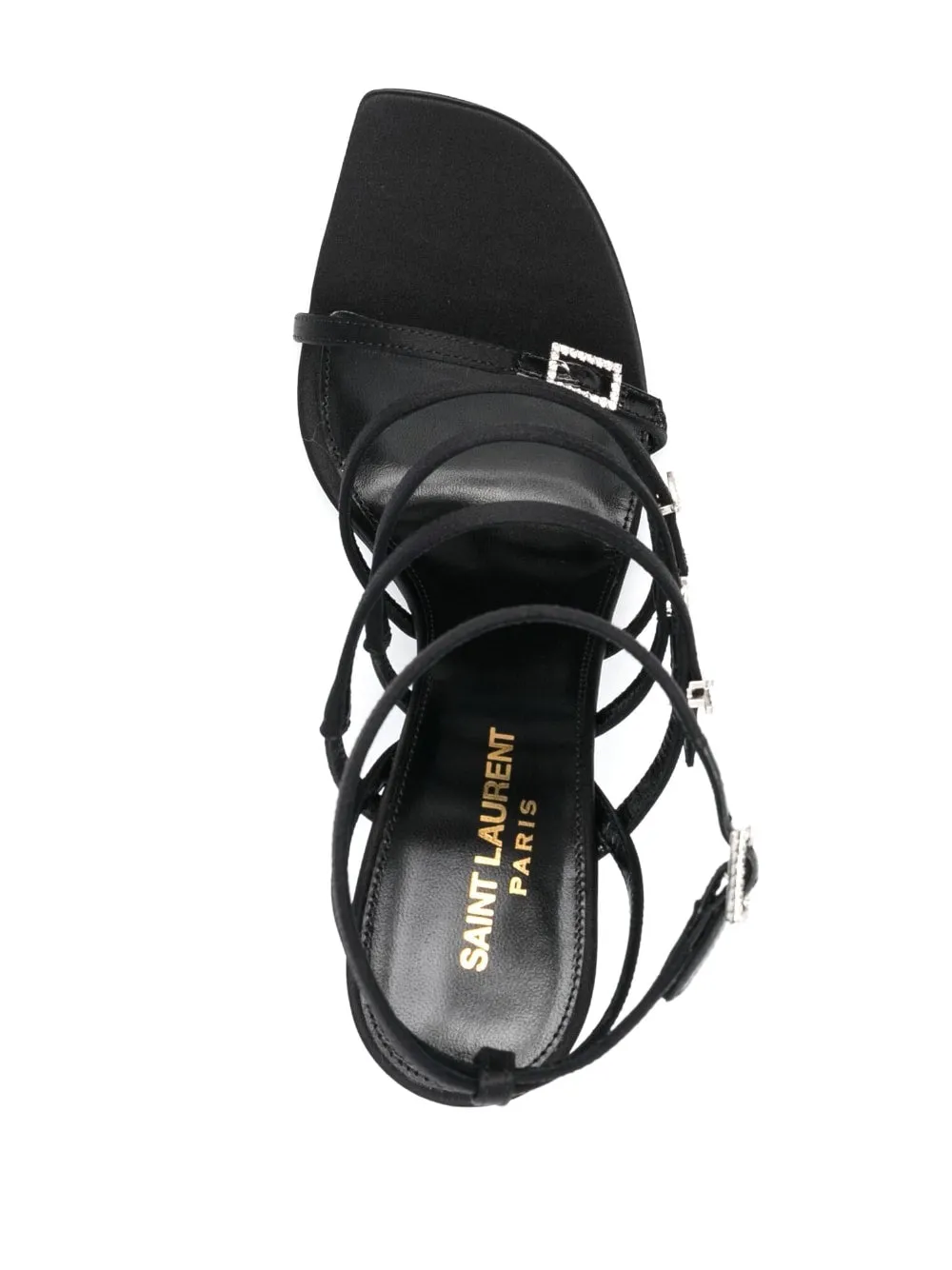 SAINT LAURENT Stunning Black Satin Sandals with Rhinestone Straps and Stiletto Heel for Women