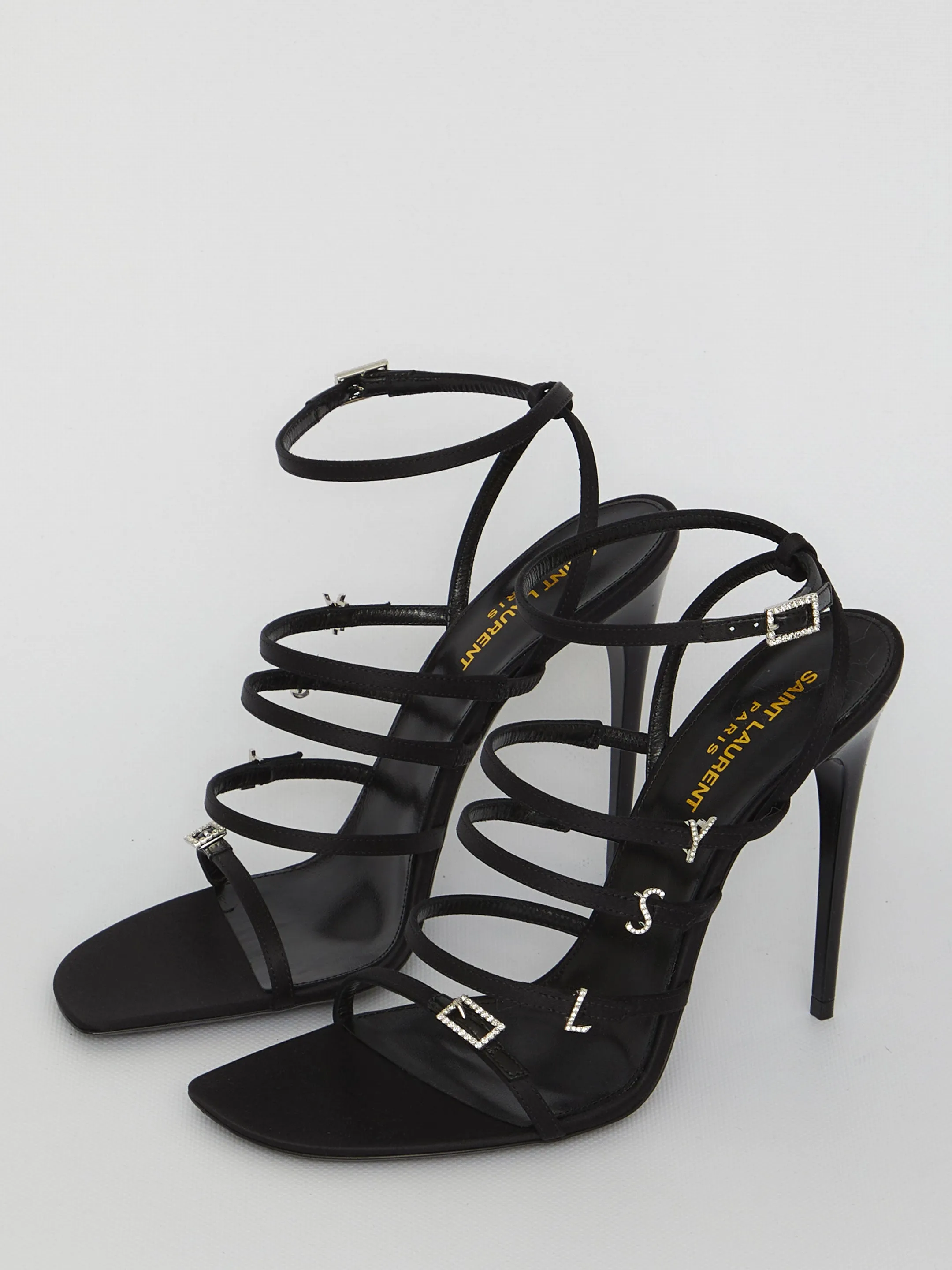 SAINT LAURENT Stunning Black Satin Sandals with Rhinestone Straps and Stiletto Heel for Women