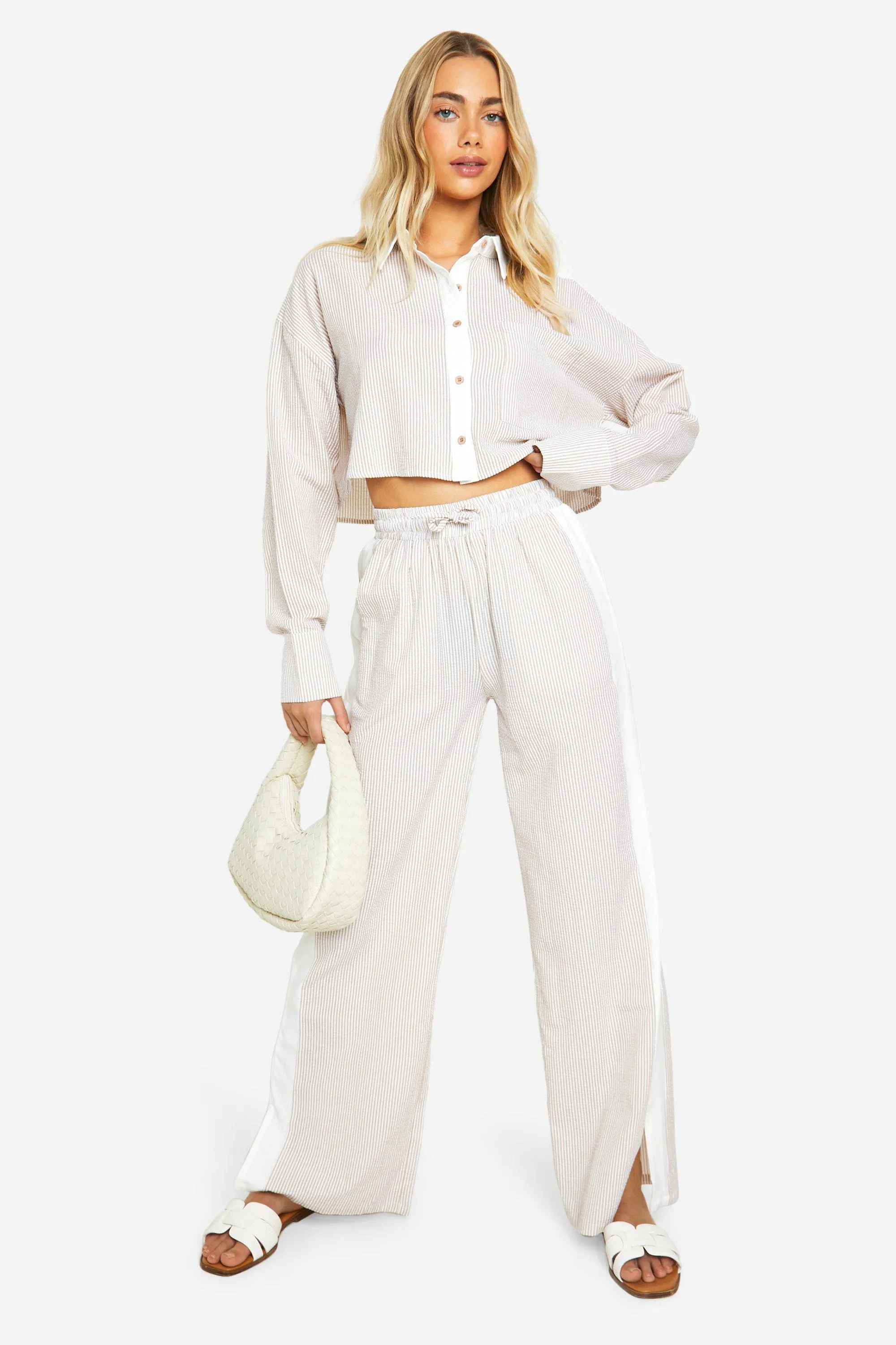 Trousers | Crinkle Contrast Stripe Wide Leg Trousers | boohoo