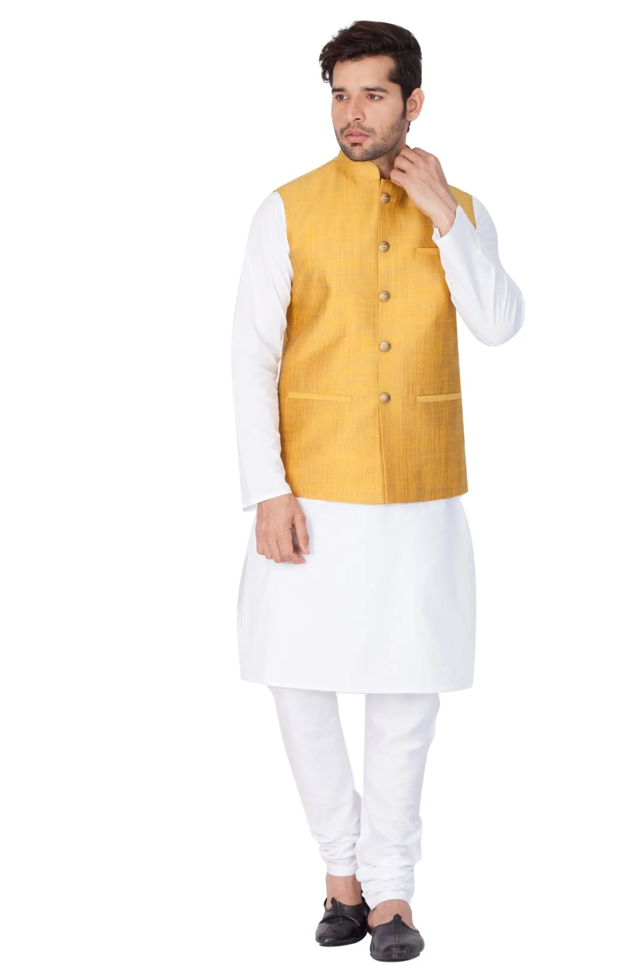 VASTRAMAY Men's White Cotton Blend Kurta, Ethnic Jacket and Pyjama Set