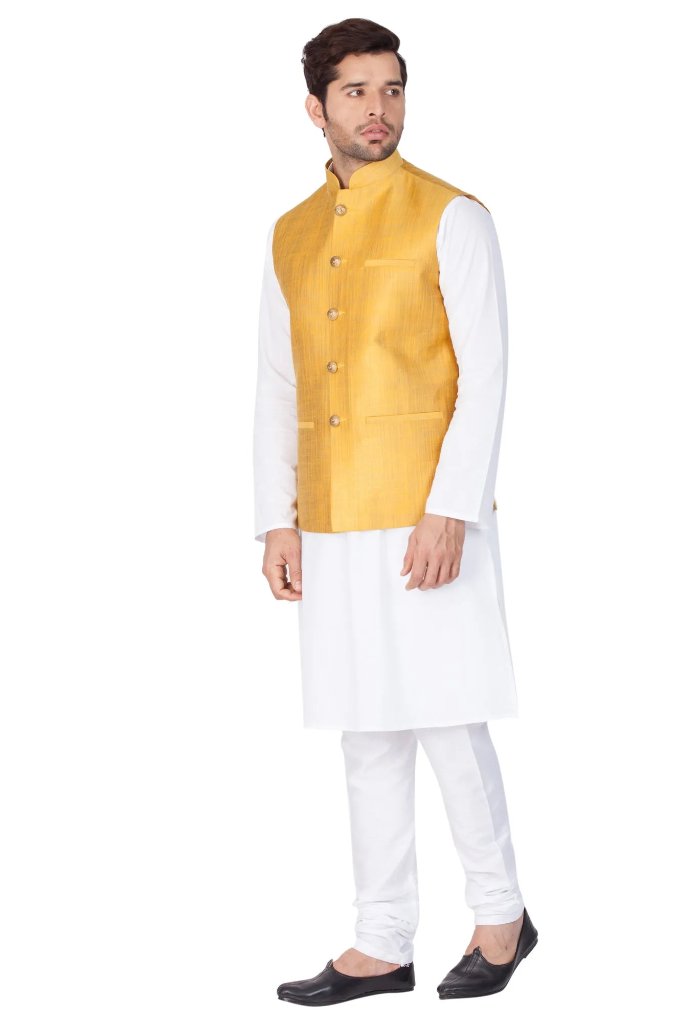 VASTRAMAY Men's White Cotton Blend Kurta, Ethnic Jacket and Pyjama Set