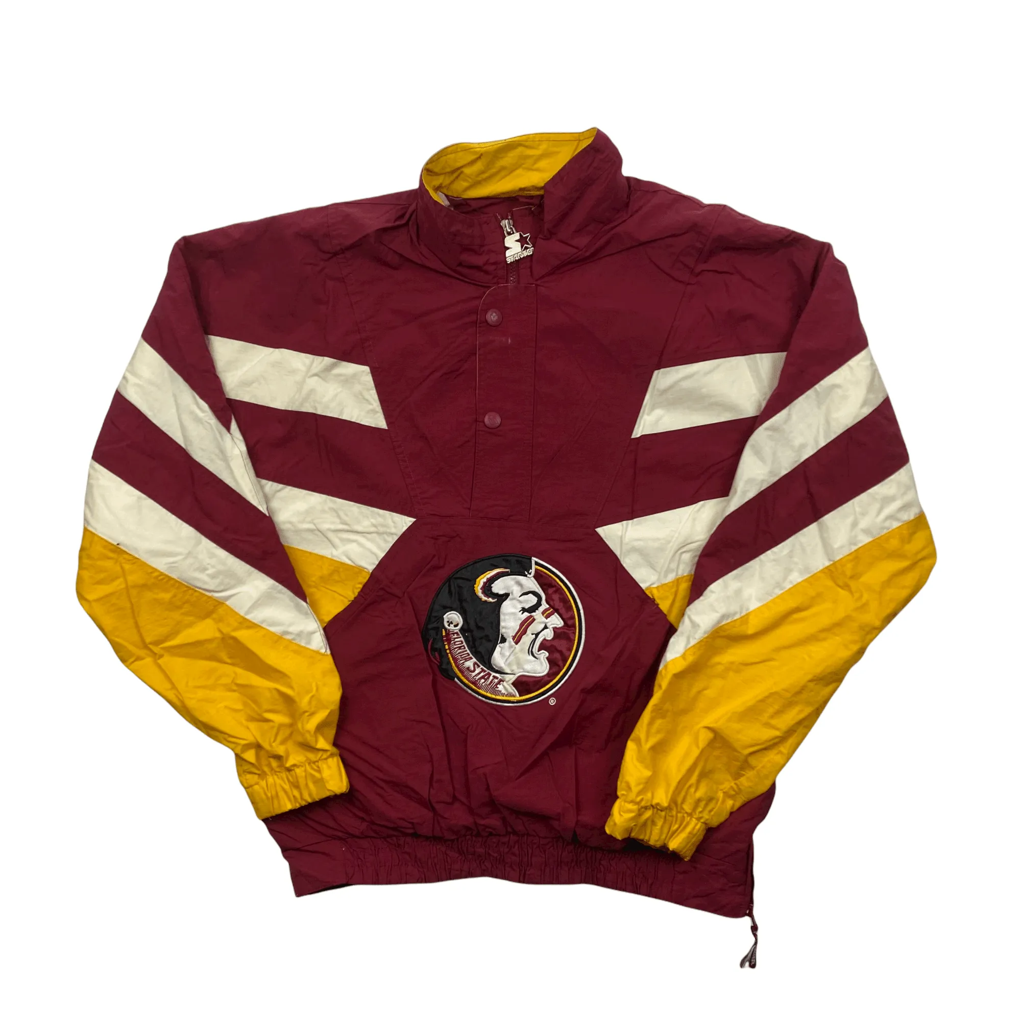 Vintage 90s Burgundy, White + Yellow Starter Florida State Large Logo Quarter Zip Waterproof Pullover Jacket - Large