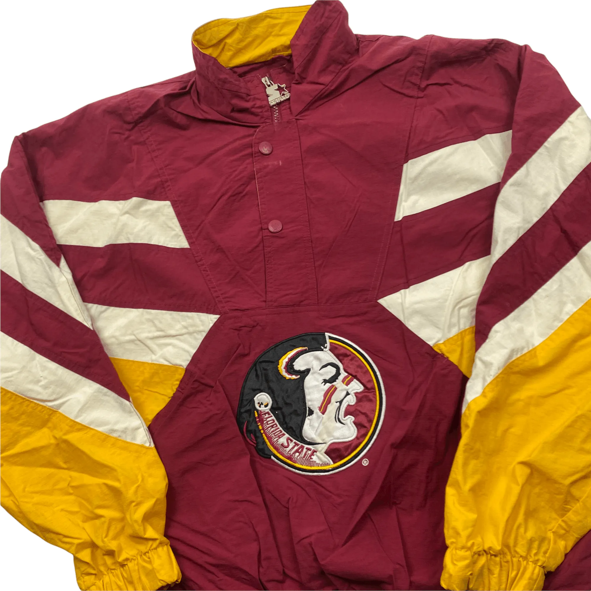 Vintage 90s Burgundy, White + Yellow Starter Florida State Large Logo Quarter Zip Waterproof Pullover Jacket - Large