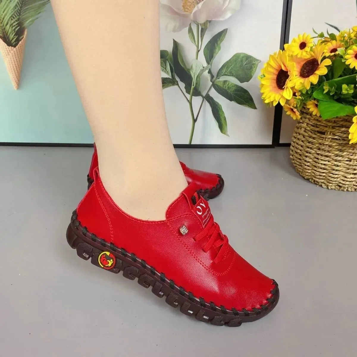 Women Vintage Breathable Shoes Platform Loafers Lace Up Leather