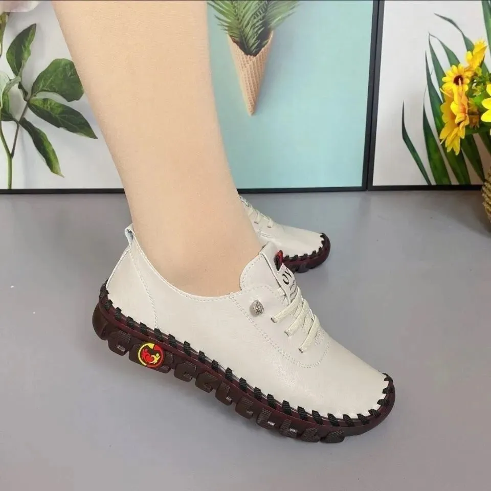 Women Vintage Breathable Shoes Platform Loafers Lace Up Leather