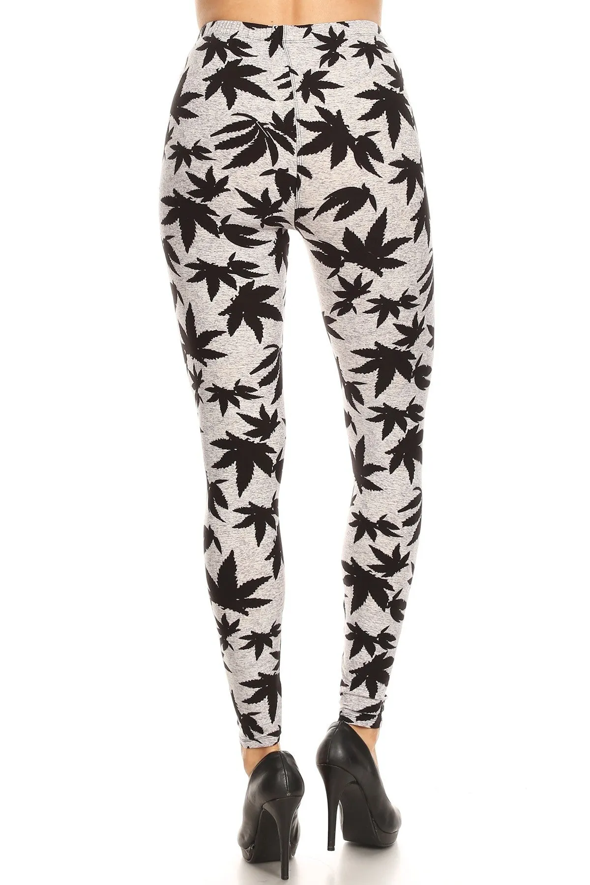 Women's Plus Allover Grey Black Cannabis Leaf Plant Pattern Printed Leggings