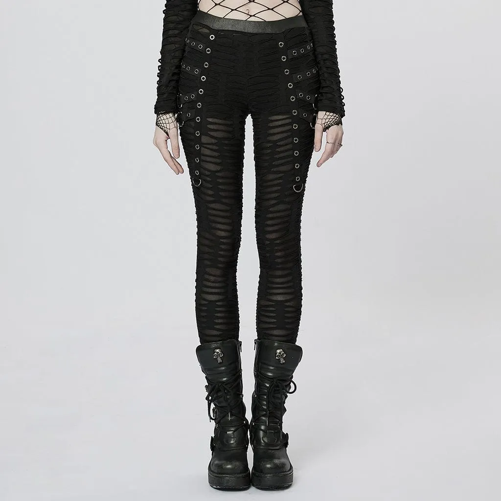 Women's Punk Eyelet Ripped Sheer Leggings