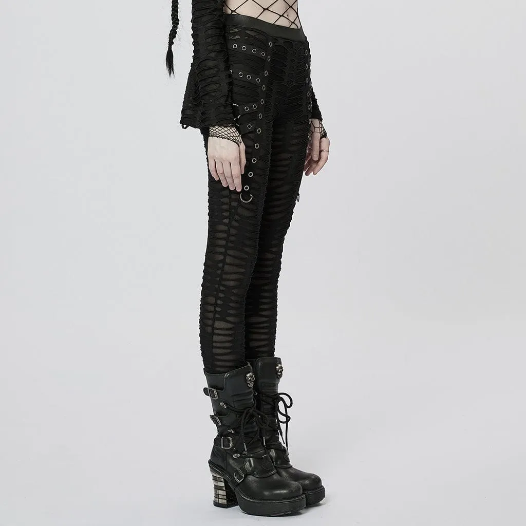 Women's Punk Eyelet Ripped Sheer Leggings