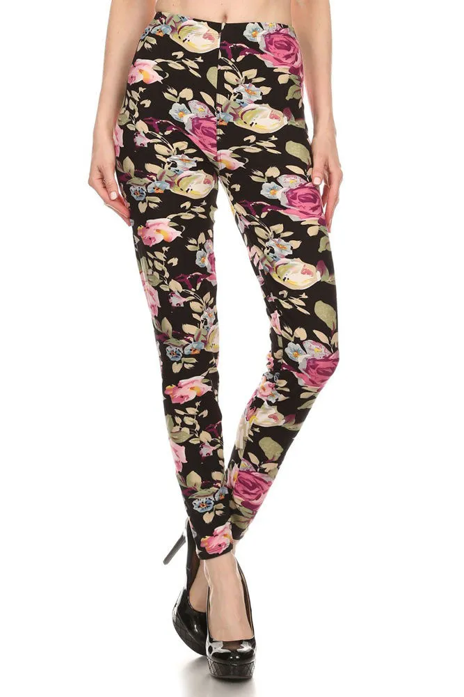 Women's Regular Rose and Stem Pattern Print Leggings - Black Fuchsia Green