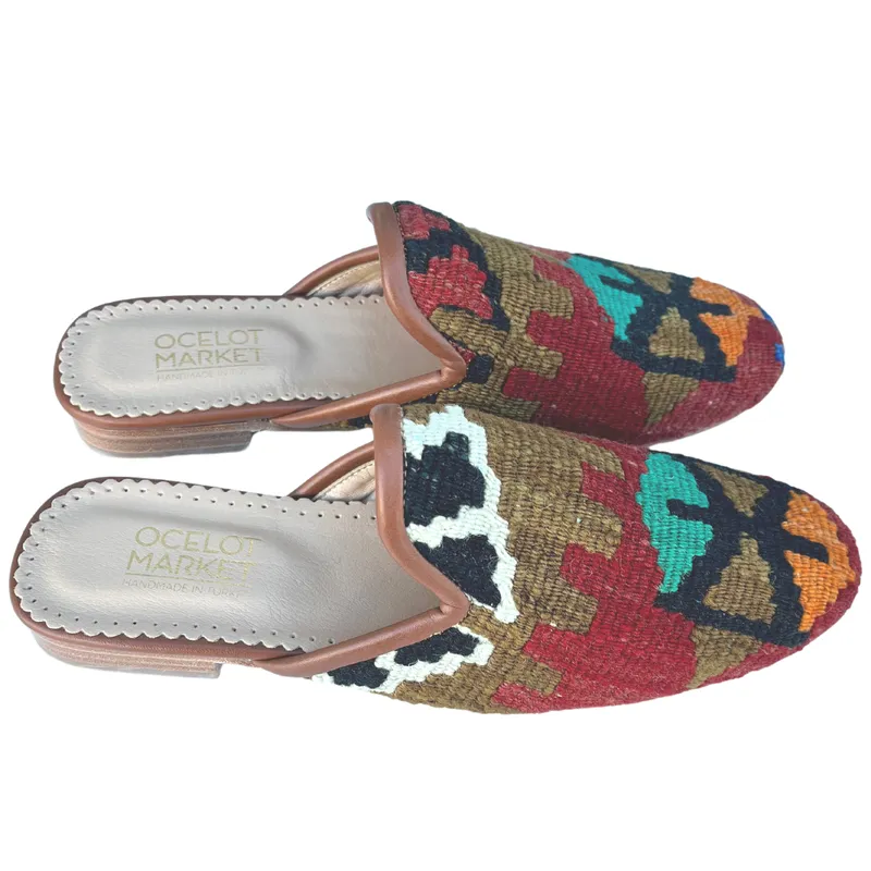 Women's Turkish Kilim Mule Red Patterned