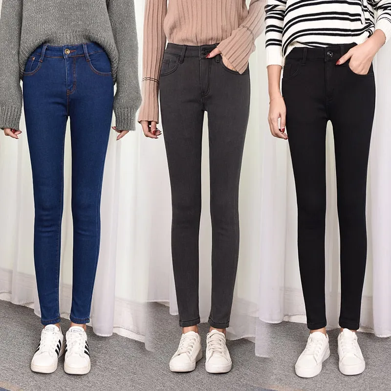 Women's Winter Warm Polyester Casual High Waist Skinny Trousers