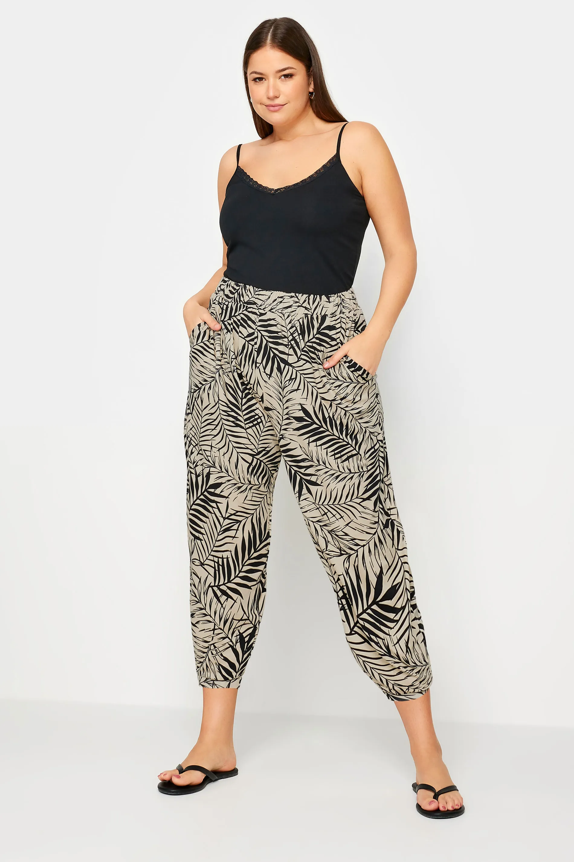 YOURS Curve Beige Brown Leaf Print Cropped Harem Trousers