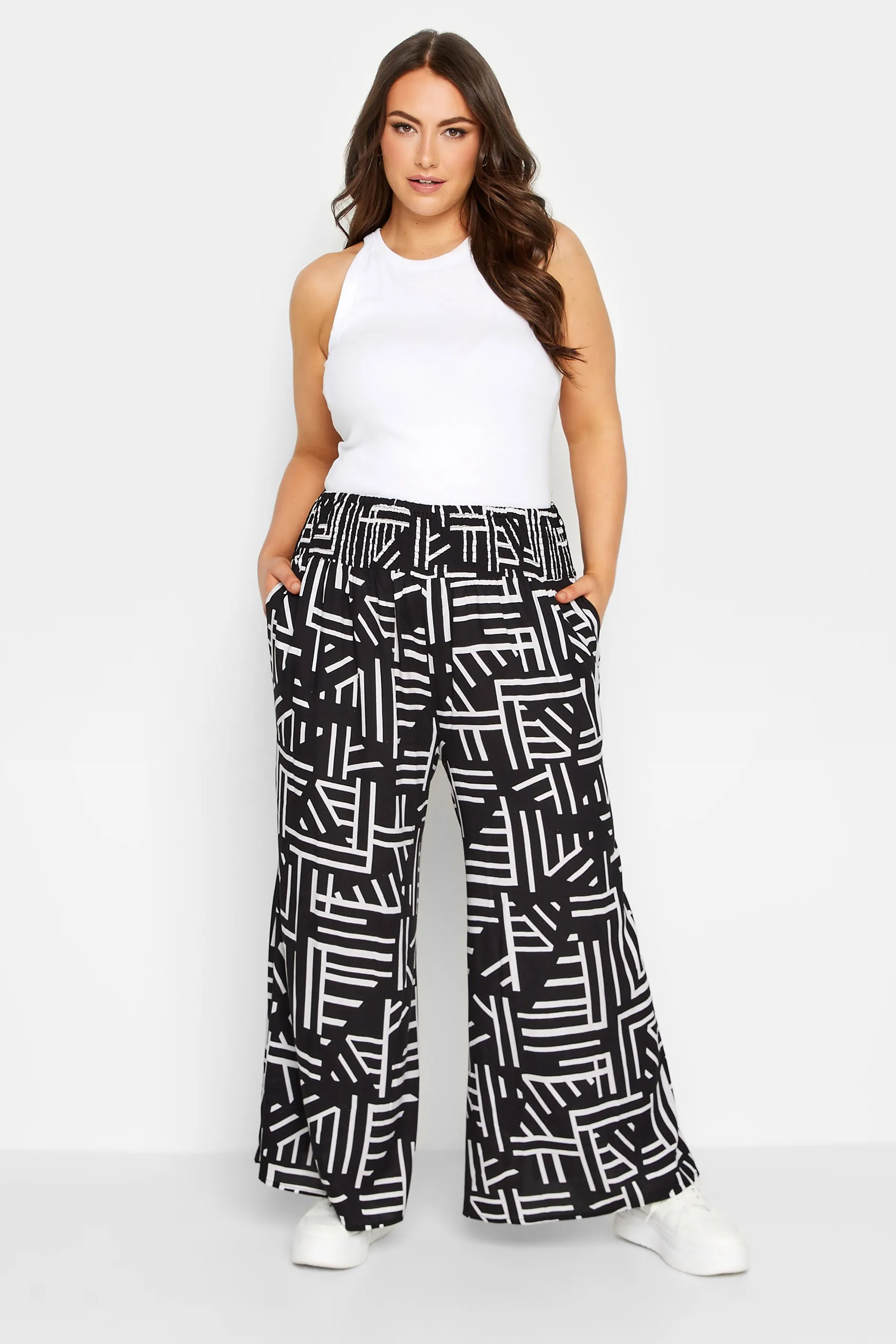 YOURS Curve Black Geometric Print Shirred Waist Wide Leg Trousers