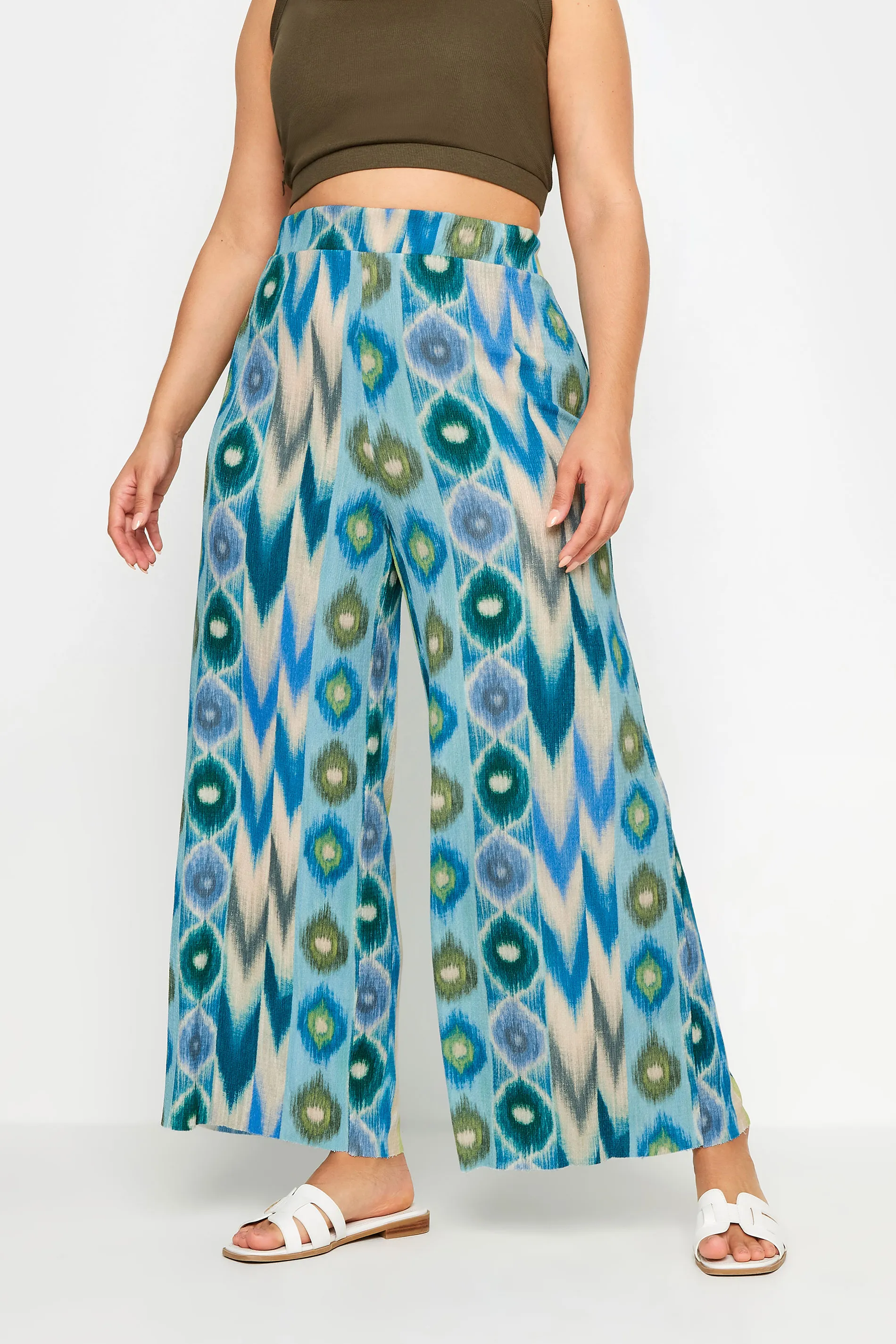 YOURS Curve Blue Abstract Print Textured Wide Leg Trousers