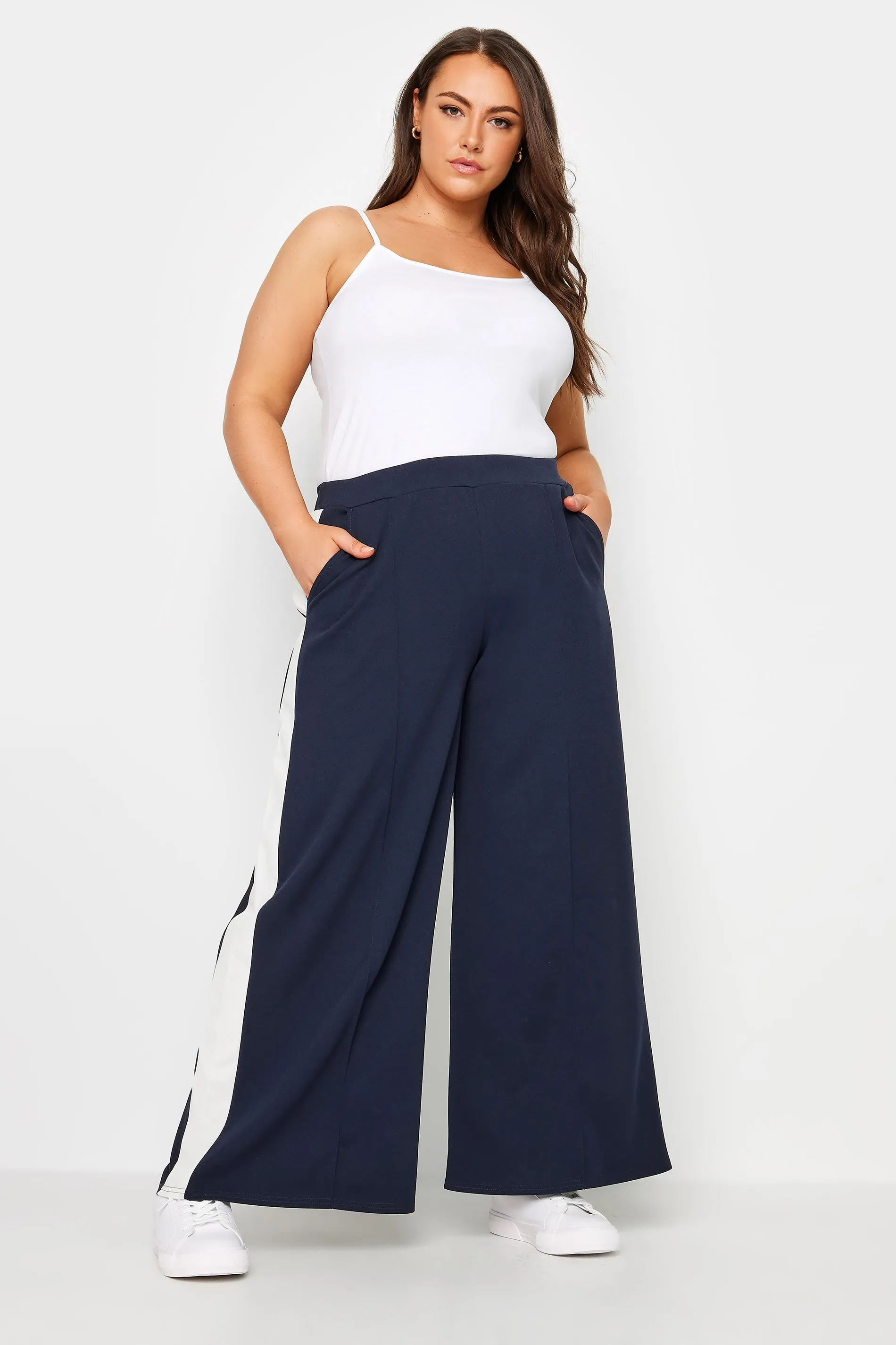 YOURS Curve Navy Blue & White Scuba Side Stripe Trousers