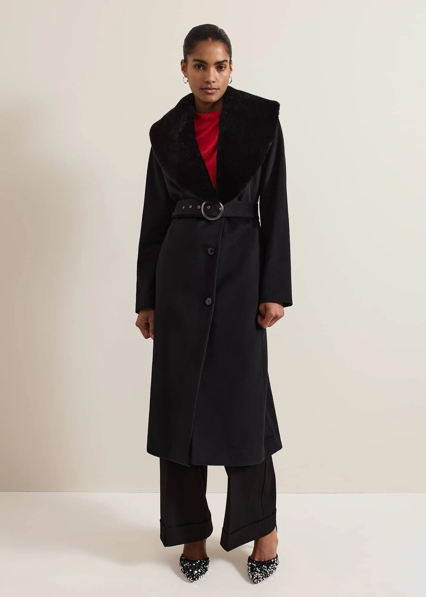 Zylah Faux Fur Collar Wool Long Coat