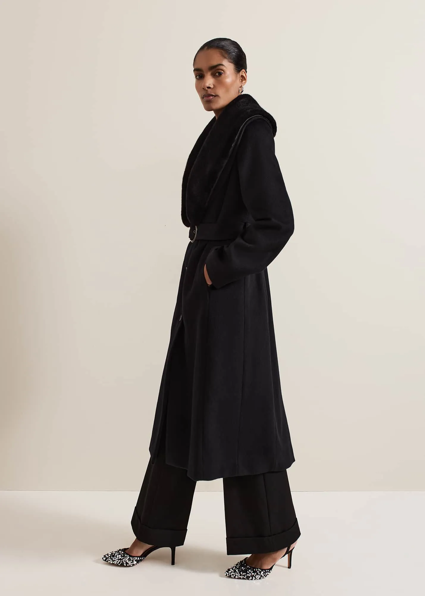 Zylah Faux Fur Collar Wool Long Coat